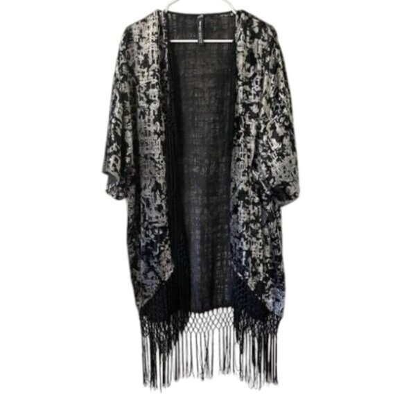 Design Lab Black Burnout Fringed Kimono Open Front Cardigan Plus Size Women XXL - Picture 1 of 6